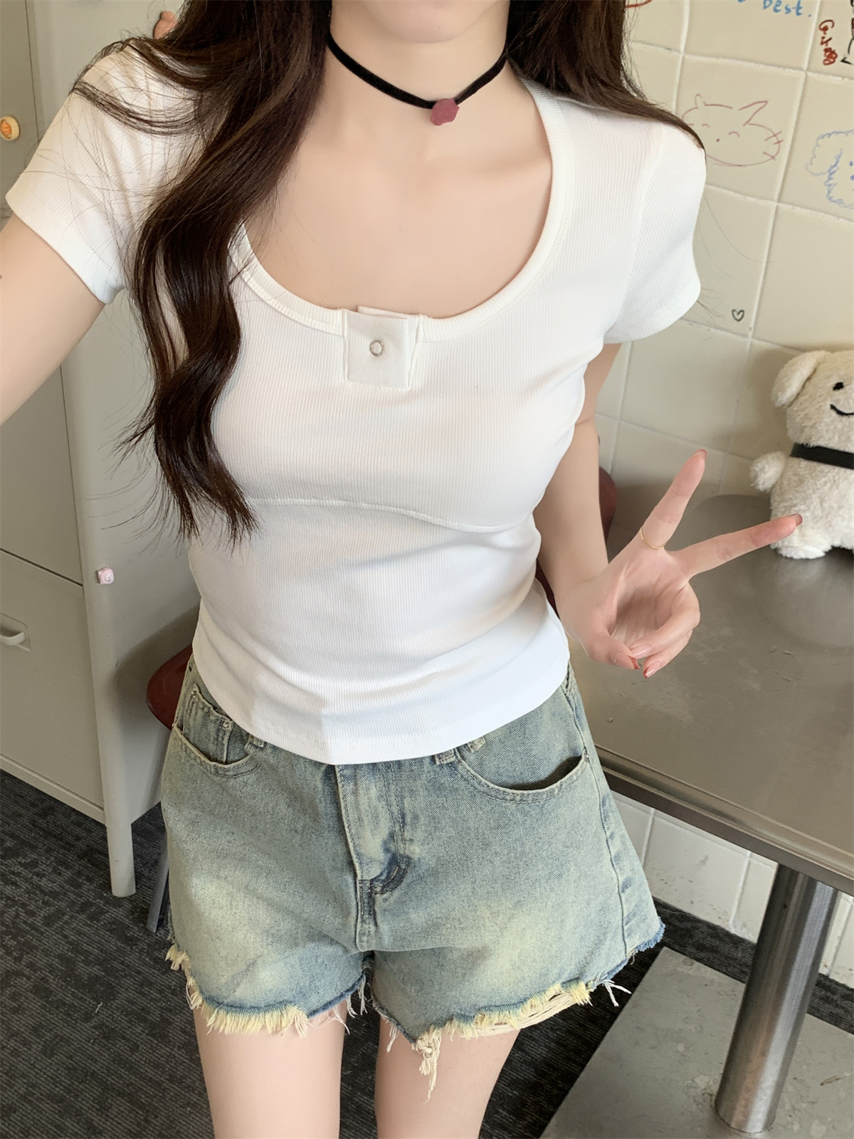 實拍 夏季韓版ins修身方領正肩紐扣設計感短袖T恤上衣女