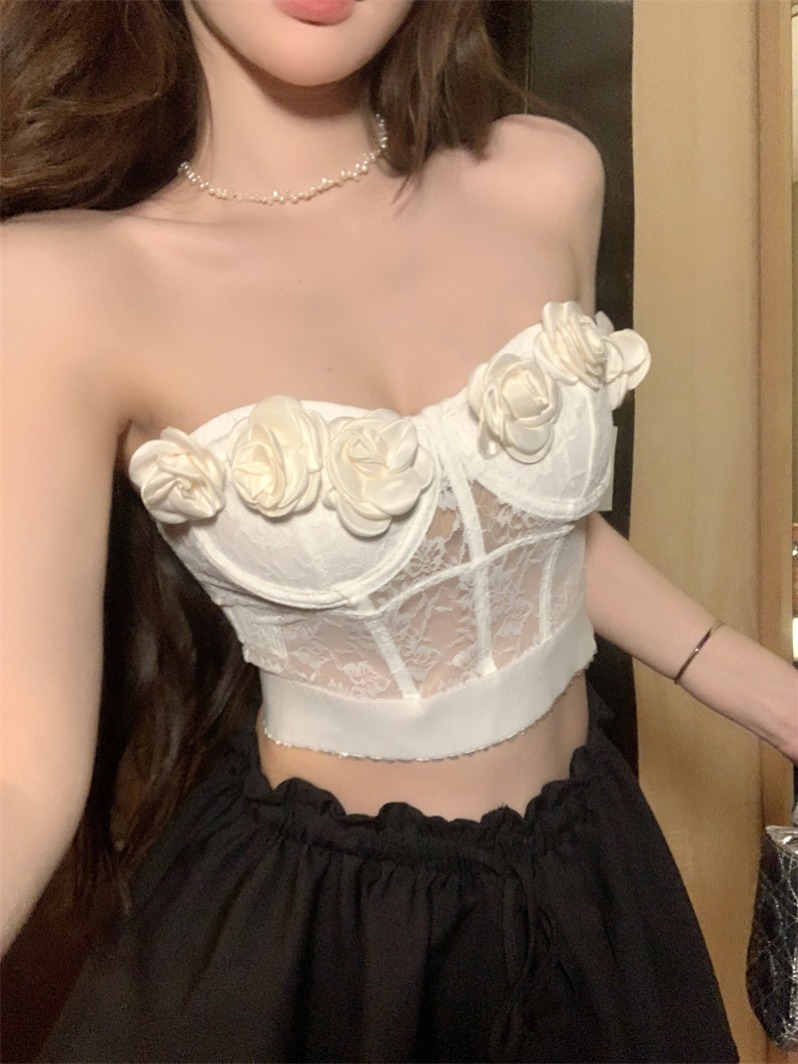 Real shot~Flower lace tube top sexy sleeveless top short waist exposed hot girl white pure desire camisole