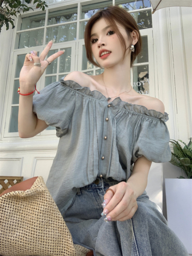 Actual shot 2024 new one-line collar solid color single-breasted lantern sleeve short-sleeved cardigan top women's chiffon shirt