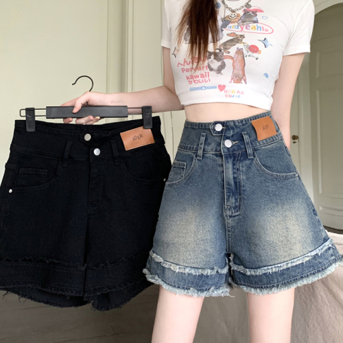 Plus size women's new style fat girl slimming high waist retro raw edge irregular loose jeans