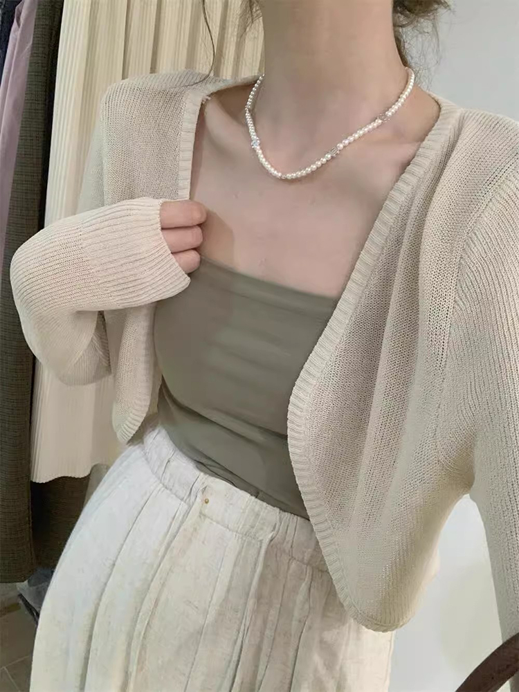 Women's thin ice silk knit sunscreen cardigan, small cape, summer matching camisole dress, outerwear denim jacket top