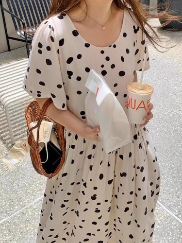 Korean chic summer retro age-reducing round neck loose casual splicing pleated contrast polka dot short-sleeved dress for women