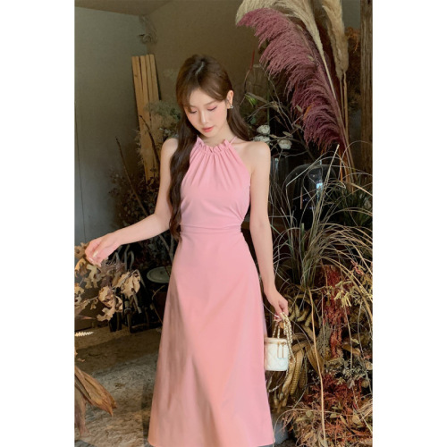 French halter neck sleeveless pink suspender dress for women summer new seaside vacation beach dress backless long skirt