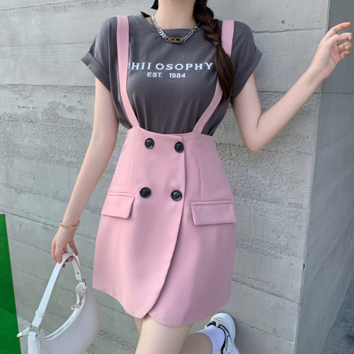 Plus size women's fashion letter short-sleeved T-shirt + irregular suspender skirt