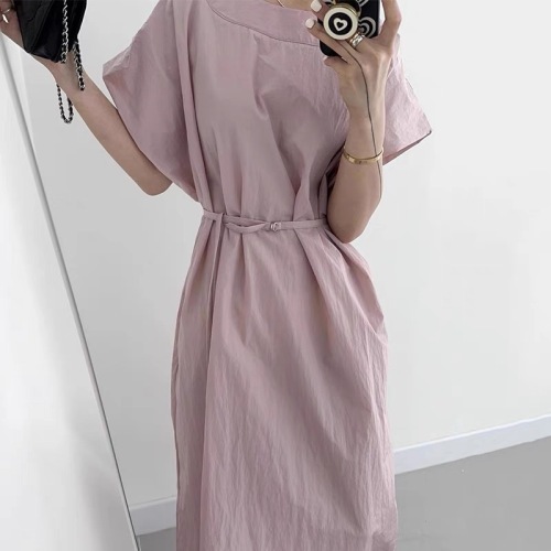 Korean chic summer new retro age-reducing round tie waist slimming long solid color short-sleeved dress for women