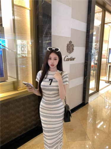 Real shot of round neck striped knitted dress for women, summer style mid-length skirt