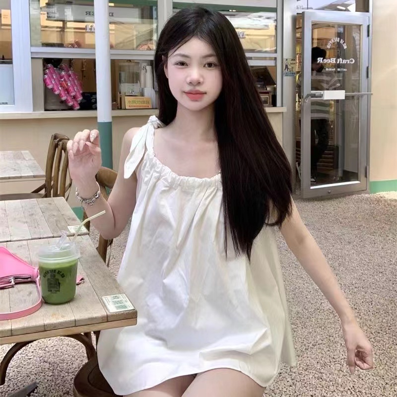 Korean style drawstring shirt for women, summer design niche loose halter top for women