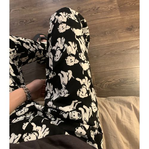 Puppy print wide-leg pants for women summer high-waisted ice silk casual pants for small people plus size fat mm straight long pants