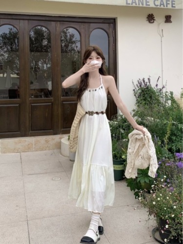 Real shot 2024 new summer super fairy skirt loose pleated hem suspender dress + lace hollow sun protection cardigan