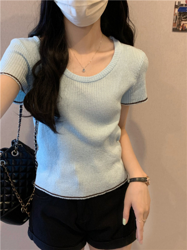 Actual price Dopamine round neck right shoulder ice silk knitted short-sleeved T-shirt women's French crop top