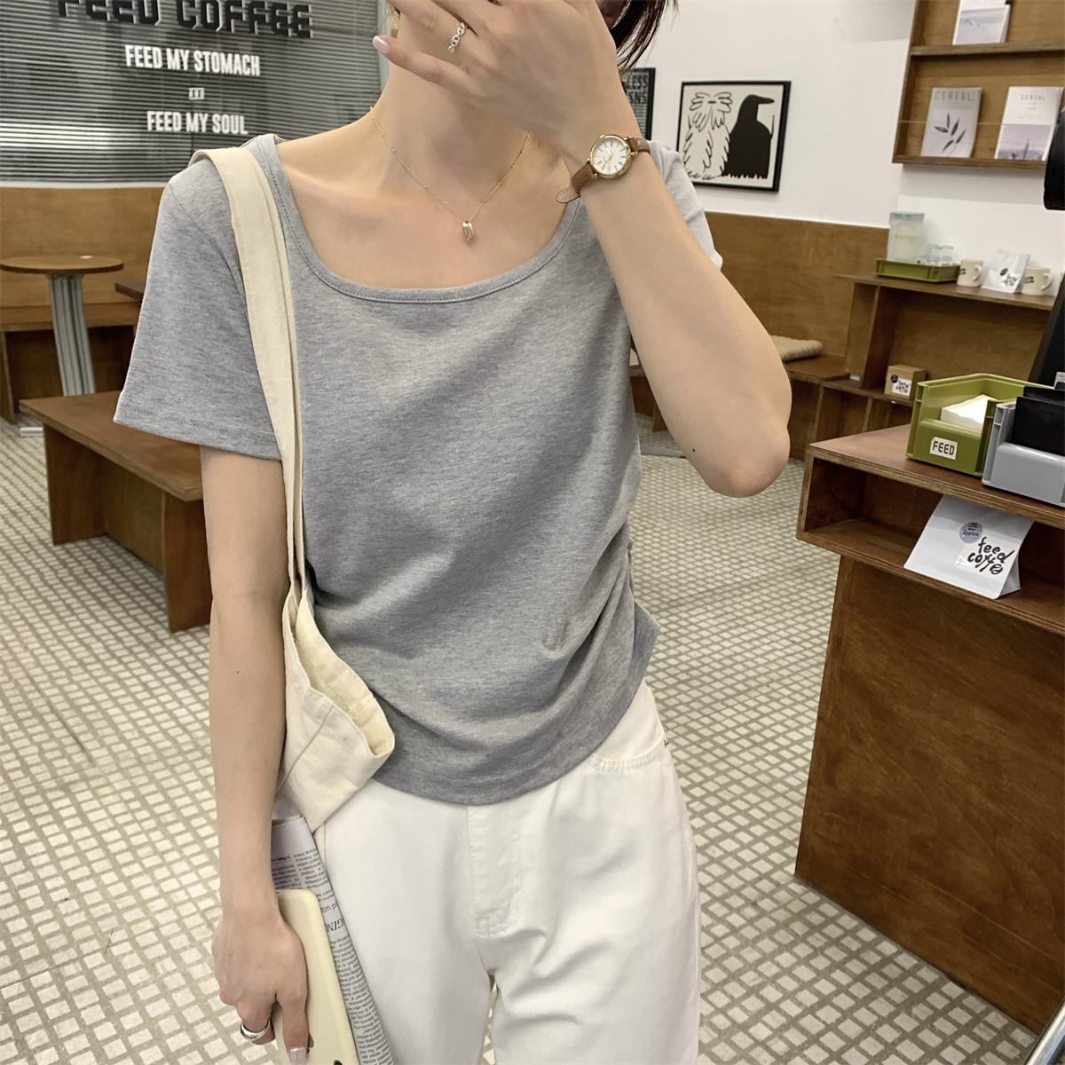 實拍 夏季韓版方領正肩百搭褶皺設計感純色純棉短袖T恤上衣