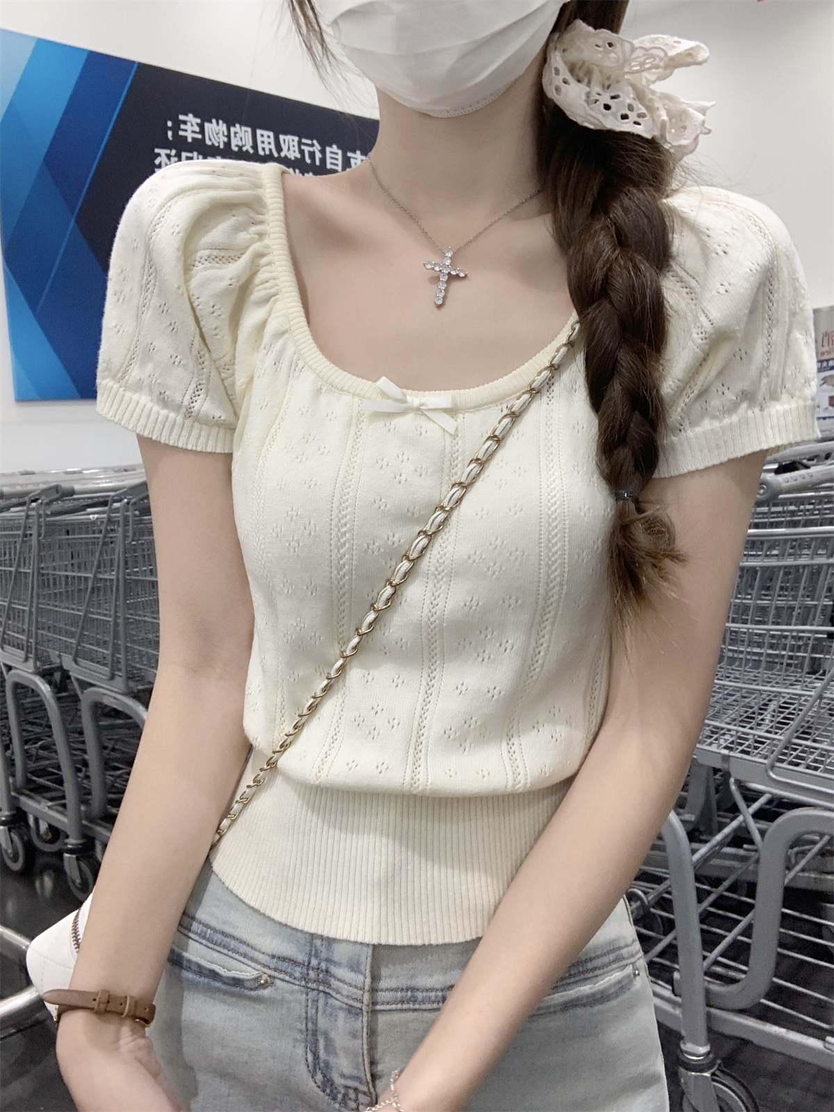 實拍 夏季韓版修身純欲大圓領蝴蝶結鏤空甜美針織短袖上衣女