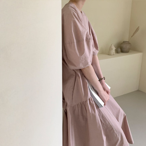 Korean chic short-sleeved dress women's summer niche irregular loose knee-length long skirt