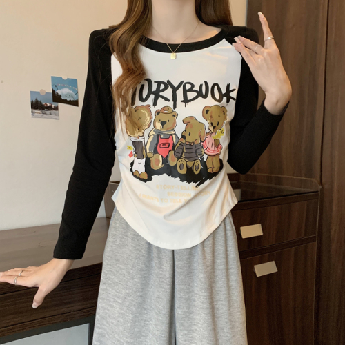 Plus size women's autumn new style cartoon bear print contrast color age-reducing long-sleeved top