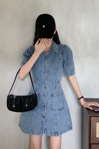 Actual shot and real price  new style hollow back elastic waist sexy denim dress design retro shirt dress