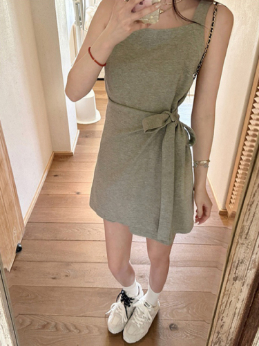 Summer Korean style pure desire sweet little casual sleeveless waist belted vest with pockets dress for women