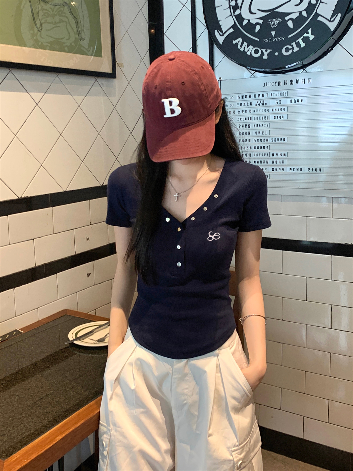 實拍 夏季韓版修身正肩v領金屬扣顯瘦設計感氣質短袖T恤上衣