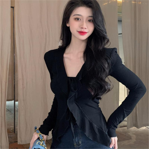 New style irregular fungus solid color long-sleeved women's bottoming T-shirt women's slim design top