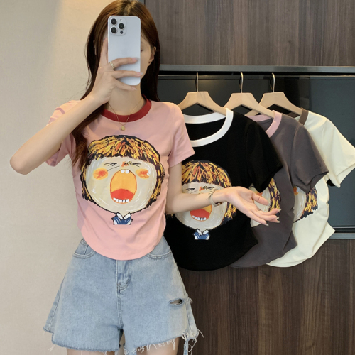 Plus Size Women's Funny Print Short Summer Waist Slimming Right Shoulder Slim Drop Shoulder T-Shirt