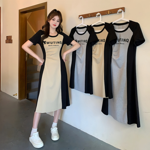 Plus size women's new style fat girl casual French lazy style age-reducing waist slimming mid-length dress