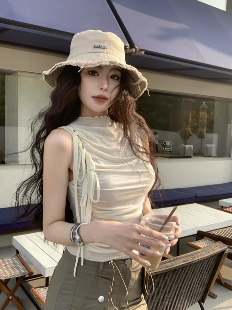 Real shot of summer design mesh strap elastic waist pleated vest for women cool sleeveless curled top