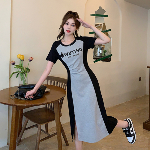 Plus size women's new style fat girl casual French lazy style age-reducing waist slimming mid-length dress