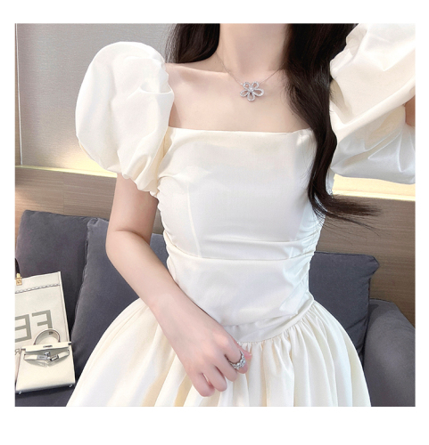 One shoulder dress for women summer 2024 new temperament socialite sweet waist slimming puff sleeve a line princess dress