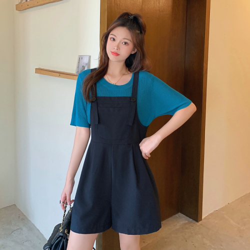 Plus size women's summer clothing new fat girl slimming knitted sweater overalls two-piece suit