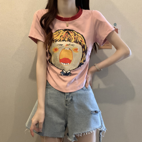 Plus Size Women's Funny Print Short Summer Waist Slimming Right Shoulder Slim Drop Shoulder T-Shirt