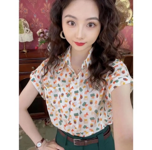 Hong Kong style retro chic colorful broken plaid printed short-sleeved shirt for women 2024 summer new design niche tops