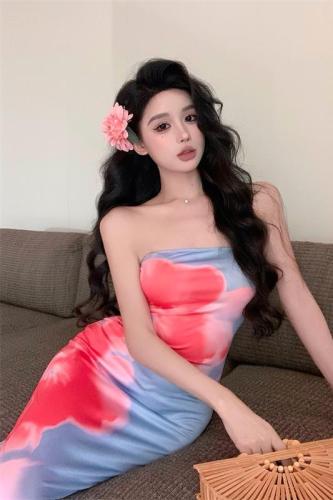 Real shot~Pure Desire Hot Girl Printed Tube Top Waist Bag Hip Midi Dress Women Summer Dopamine Flower Skirt