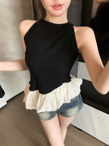 Real shot of summer ballet style ruffled patchwork vest for women, versatile contrasting color fluffy lace hem shirt