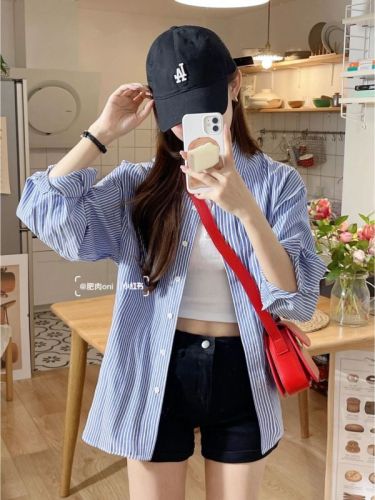 Korean style hiphop retro high-end contrast striped long-sleeved shirt women's summer loose oversize jacket trendy