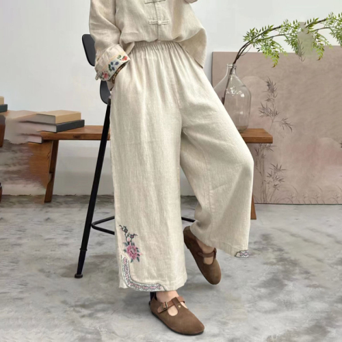 Summer thin women's pants cotton and linen nine-point wide-leg pants women's embroidered literary retro embroidered ethnic loose casual pants