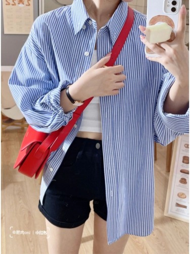 Korean style hiphop retro high-end contrast striped long-sleeved shirt women's summer loose oversize jacket trendy