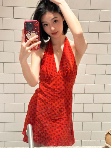 French retro red polka dot chic halter neck v-neck dress for women summer sexy sweet and spicy backless waist skirt