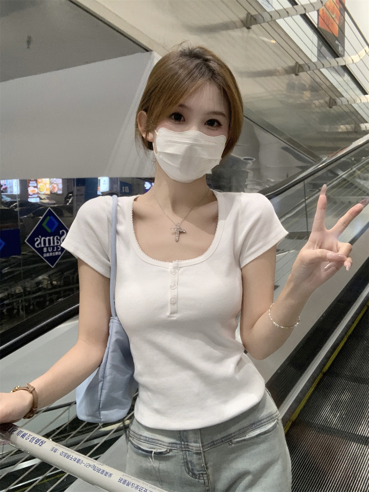 實拍 夏季韓版bm正肩修身紐扣簡約百搭純棉短袖T恤上衣