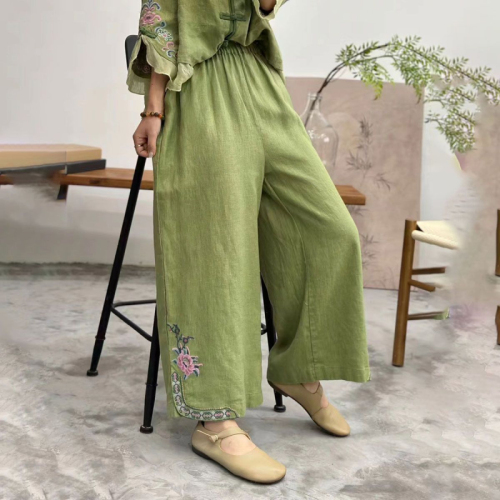 Summer thin women's pants cotton and linen nine-point wide-leg pants women's embroidered literary retro embroidered ethnic loose casual pants