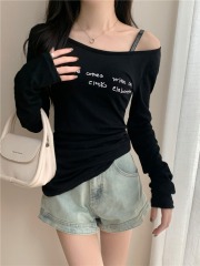 Real shot, real summer letter print thin one-line off-shoulder long-sleeved T-shirt sun protection top