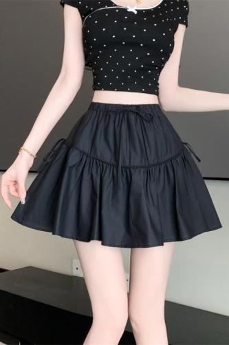 Real shot 2024 new sweet and versatile drawstring cake skirt ruffled skirt women's anti-exposure skirt solid color