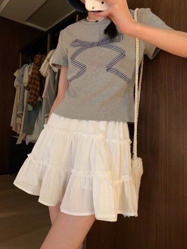 White lace cake skirt for women 2024 summer a-line age-reducing petite elastic waist puffy skirt