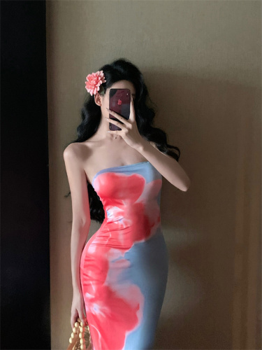 Real shot~Pure Desire Hot Girl Printed Tube Top Waist Bag Hip Midi Dress Women Summer Dopamine Flower Skirt