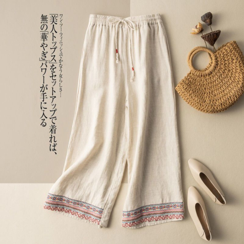 Falling cotton and linen embroidered wide-leg pants for women 2024 spring and summer new loose straight pants, versatile high-waisted slim casual pants