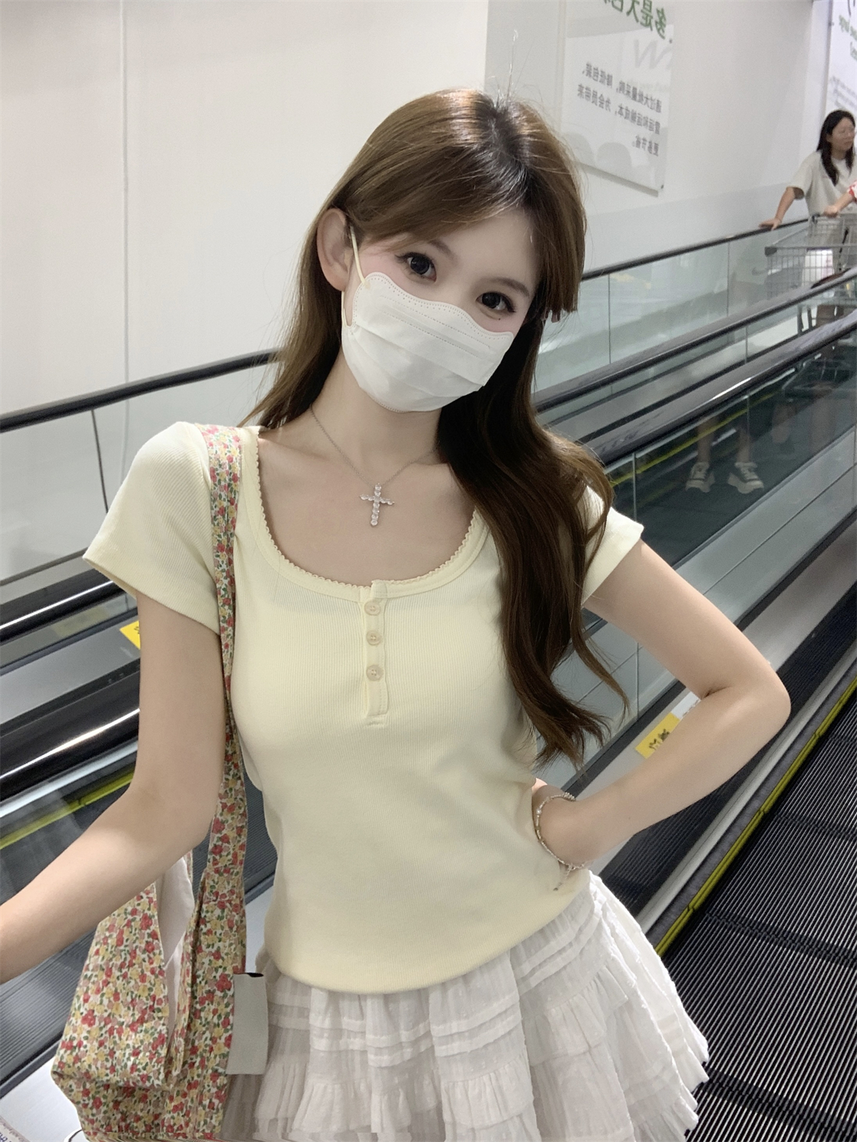 實拍 夏季韓版bm正肩方領修身紐扣設計感百搭純棉短袖T恤上衣