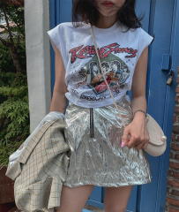 Original retro old print Korean internet celebrity fashionable loose sleeveless vest short t-shirt for women summer