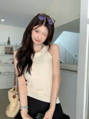 實拍 夏季韓版氣質純欲掛脖坑條顯瘦無袖針織背心上衣