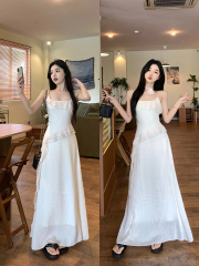 Actual shot of French-style beautiful and fungus stitching design dress, slim and elegant long skirt