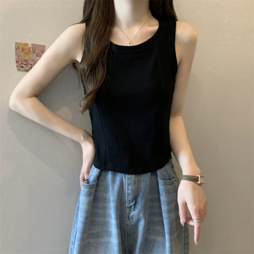 The first pure cotton ribbed simple U-neck I-shaped vest for women in summer Korean style design niche slim short style