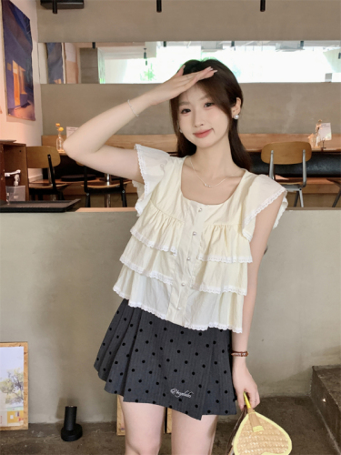 Actual shot of 2024 new summer Korean style loose square collar flying sleeves temperament cake doll shirt small shirt blouse