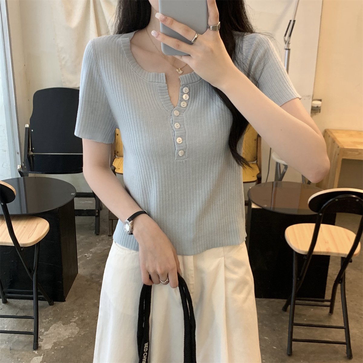 實拍 夏季韓版氣質半開領紐扣設計感百搭亞麻針織短袖上衣